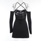 Straps Sexy Off Shoulder Lace-Up Hollow Out Dress Summer Fashion Short Dress Women