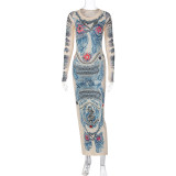 Women's Fall Long Sleeve Round Neck Print Maxi Fashion Fitted Dress