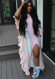 Women's Ruffled Knitting Striped Slit Maxi Dress