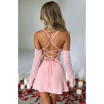 Straps Sexy Off Shoulder Lace-Up Hollow Out Dress Summer Fashion Short Dress Women