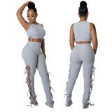 Women's Fashion Summer Style Cutout Tie Solid Color Ribbed Sleeveless Two-Piece Pants Set