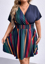 Plus Size Women's V-Neck Stripe Slim Waist Slim Fit Dress