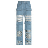 Street Beggar Ripped Patchwork Denim Straight Fit Trousers