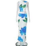 Women's Summer Casual Print Sleeveless Crop Tank Top Bodycon Slim Maxi Skirt Two Piece Set