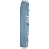 Street Beggar Ripped Patchwork Denim Straight Fit Trousers