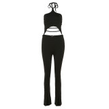 Summer Women's Sexy Tight Fitting Halter Neck Crop Top High Waist Bodycon Pant Two Piece Set Women