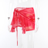 Women Sexy Hollow Short Sleeve Top and High Waist Ruffle Lace-Up Skirt Two-piece Set