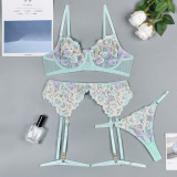 Women Floral Embroidery See-Through Three-Piece Sexy Lingerie