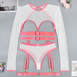 Women Mesh See-Through Lace-Up Three-Piece Sexy Lingerie