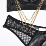 Women Metal Chain Willow Staring Grid Heart Print Pu Leather Sexy Underwear Two-piece Set