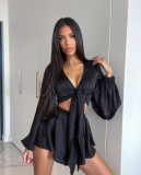 Women Lace Up Sexy French Long Sleeve Top And Shorts Two-Piece Set