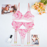 Women Floral Embroidery See-Through Three-Piece Sexy Lingerie