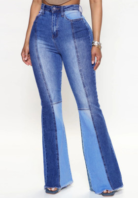 Women Stretch High Rise Two Tone Patchwork Bell Bottom Denim Pants