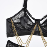 Women Metal Chain Willow Staring Grid Heart Print Pu Leather Sexy Underwear Two-piece Set