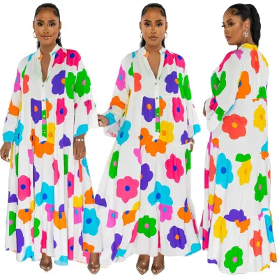Women Floral Print Loose Long Dress