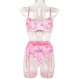 Women Floral Embroidery See-Through Three-Piece Sexy Lingerie