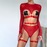 Women Mesh See-Through Lace-Up Three-Piece Sexy Lingerie