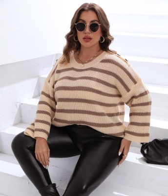 Plus Size Women Striped Button Sleeve Contrast Patchwork Oversized Sweater