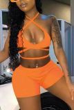 Women Casual Sexy Harter Neck Crop Top and Shorts Two-Piece Set