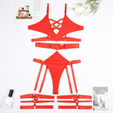 Women Solid Lace-Up Hollow Sexy Lingerie Two-piece Set