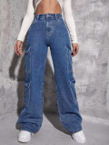 Women Cargo Belle Bag Multi-Pocket Denim Straight Leg Trousers