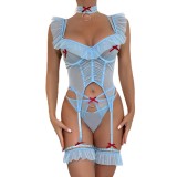 Women Stretch Mesh Patchwork Herringbone Fitted Backless Camisole Bodysuit Sexy Lingerie Set