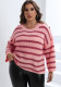 Plus Size Women Striped Button Sleeve Contrast Patchwork Oversized Sweater