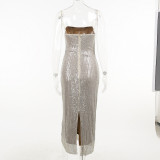 Summer Women's Knitting Strapless Maxi Dress Slim Sleeveless Casual Sequins Strap Dress Women