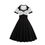 Plus Size Polka Dot Square Neck Vintage Slim Waist Short Sleeve High Waist Swing Dress