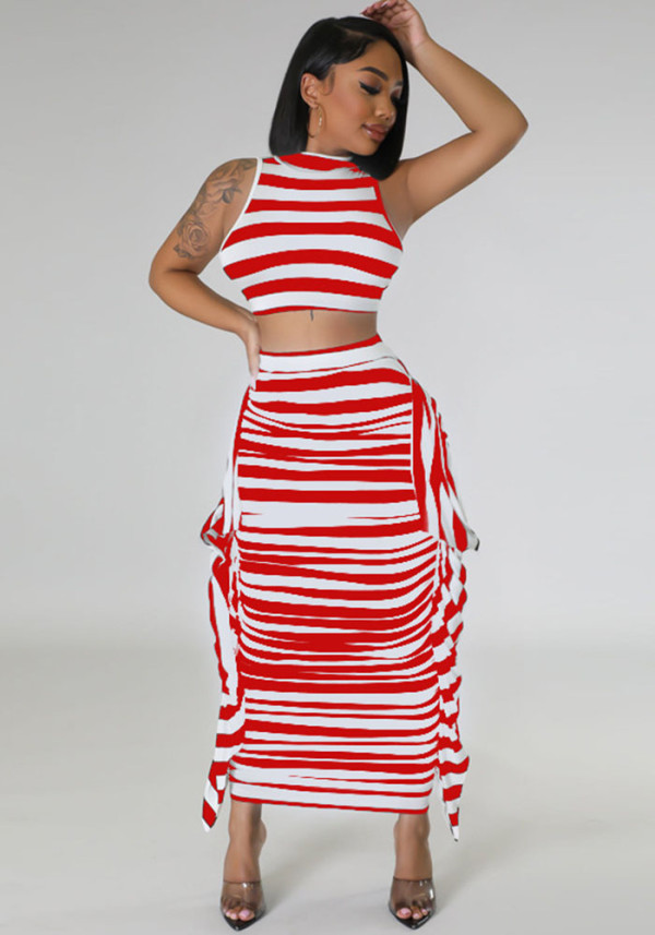 Women's Summer Suit Striped Crop Sleeveless Sundress Two-Piece Set
