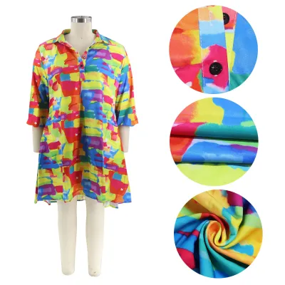 Women's Deep V Turndown Collar Multi-Color Shirt Loose Fashion Printed Dress