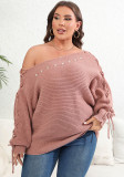 Women's Tops Plus Size Women's Lace Up Bat Sleeves Sweater Sexy Off Shoulder Beaded Sweater