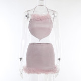 Suspenders Halter Neck Glitter Low Back Top High Waist Fur Skirt Summer Set