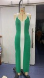 Spring And Summer Sexy Color Contrast Knitting Mid-Length Tight Fitting Sling Slit Color Matching Dress