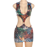 Summer Women's Sexy Low Neck Hollow High Waist Tight Fitting Printed Bodycon Dress For Women