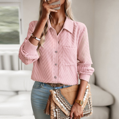Solid Color Shirt Autumn Ladies Chic Career Jacquard Long Sleeve Shirt