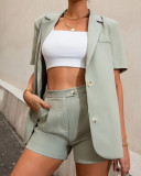 Summer Fashion Chic Career Solid Color Short Sleeve Blazer Shorts Two Piece Suit