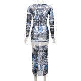 Women's Summer Sexy Mesh See-Through Color Contrast Print Low Neck Long Sleeve Dress