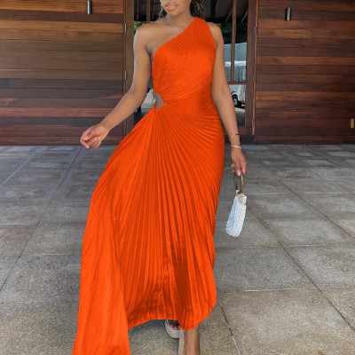Summer Slim One Shoulder Hollow Pressed Pleated Dress Shiny African Dress