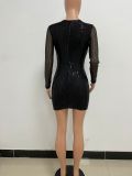 Deep V Sequins Ruffles Bodycon Dress Chic Fashion Slim Long-Sleeved Party Dress