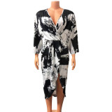 Summer Women's Sexy V-Neck Digital Printing Irregular Dress