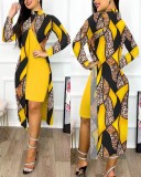 Ladies Fashion Chic Slit Print 2-Piece Dress Set