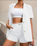 Summer Fashion Chic Career Solid Color Short Sleeve Blazer Shorts Two Piece Suit