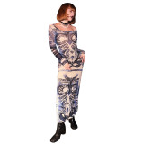 Women's Summer Sexy Mesh See-Through Color Contrast Print Low Neck Long Sleeve Dress