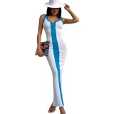 Spring And Summer Sexy Color Contrast Knitting Mid-Length Tight Fitting Sling Slit Color Matching Dress