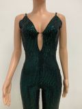 Deep V Neck Low Back Sleeveless Chic Sequined Straps Elegant Women's Party Jumpsuit