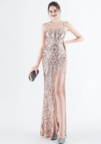 Bead Flower Sequin Elegant Herringbone Evening Dress