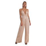 Deep V Neck Low Back Sleeveless Chic Sequined Straps Elegant Women's Party Jumpsuit