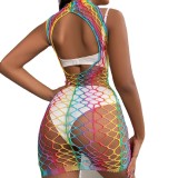 High Stretch See-Through Night Dress Hollow Fishnet Sexy Color Strip Series Sexy Net Clothes