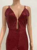 Deep V Neck Low Back Sleeveless Chic Sequined Straps Elegant Women's Party Jumpsuit